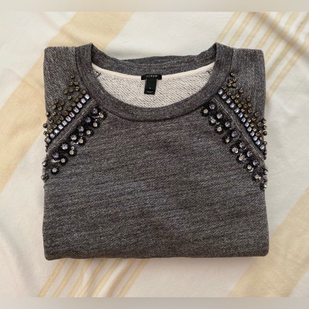 J. Crew 💎 Beloved Bejeweled Sweatshirt, Black Label, Raglan Sleeve, SZ L - Picture 14 of 14
